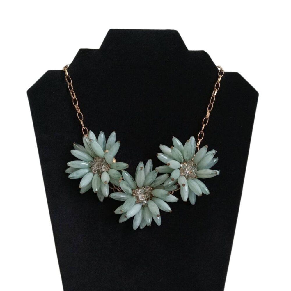 Blue Green Triple Flower Beaded Design Gold Toned Chain Statement Style Necklace